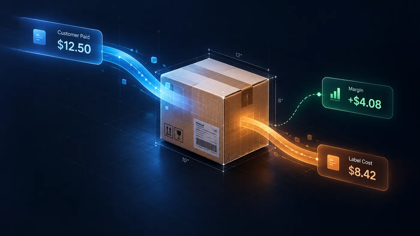 Illustration of one packed box: what the customer paid at checkout flows in, what the label cost flows out, and the margin between them is the difference PackOS records.